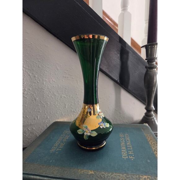 Bohemian Green Glass Vase 7" with Enamel Flowers & 22KT Gold Gilt Decoration - Picture 1 of 10